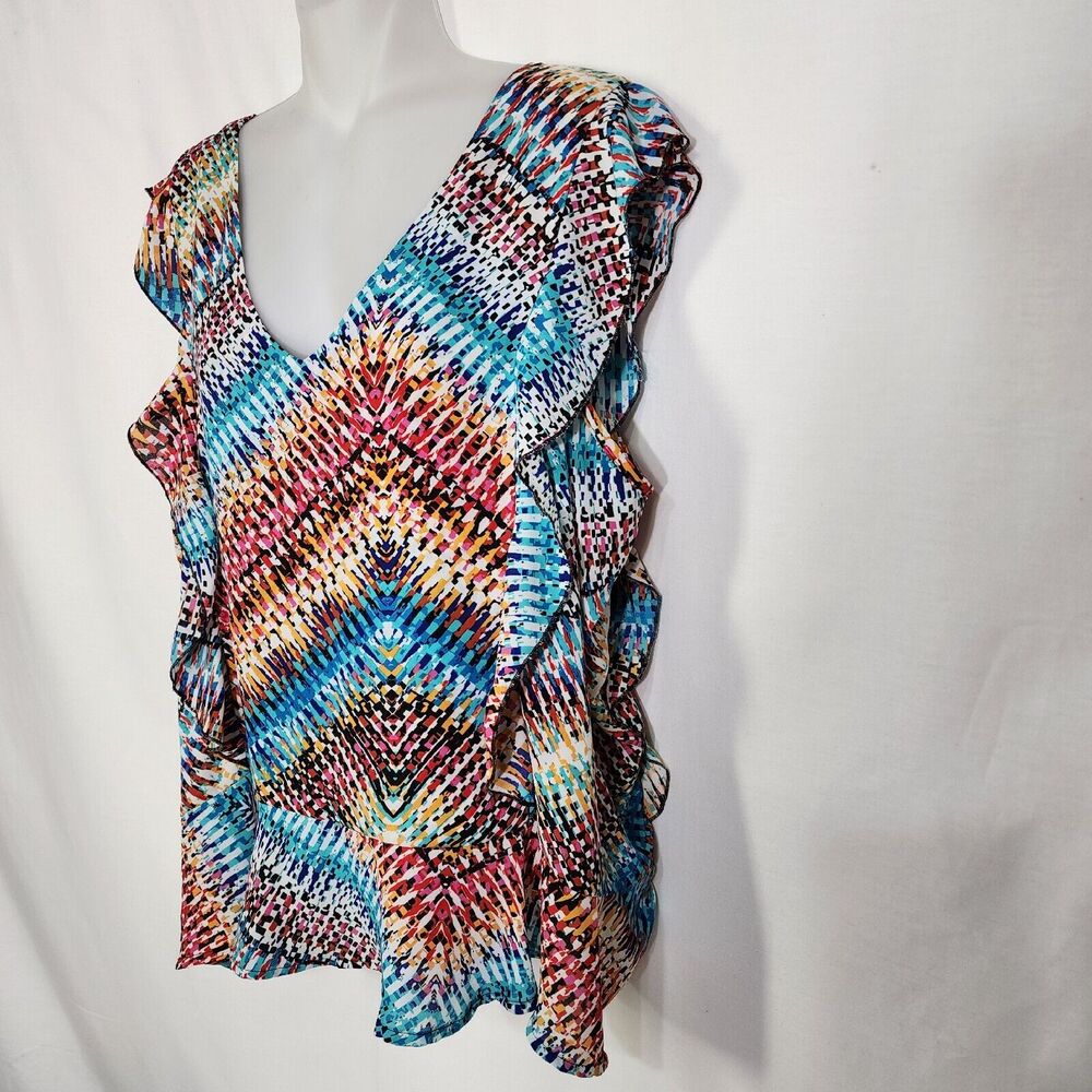 Spense Womens Top XL Multicolor Short Flutter Sleeve V Neck Retro Peplum Ruffles - Picture 5 of 10